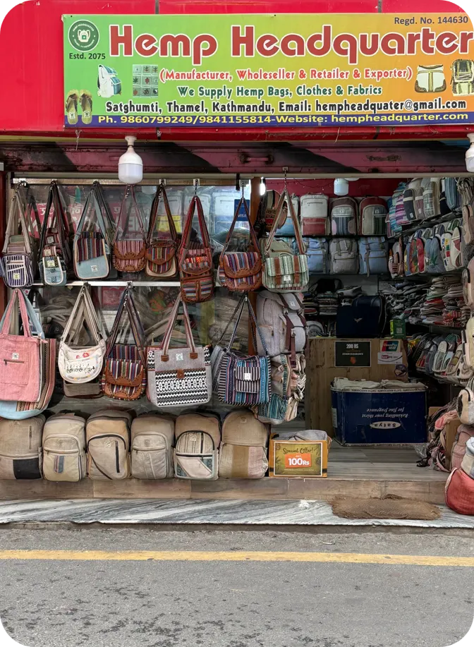 Hemp Headquarter, a local shop in Saatghumti, Thamel, Kathmandu, Nepal, which specializes in handcrafted hemp products.